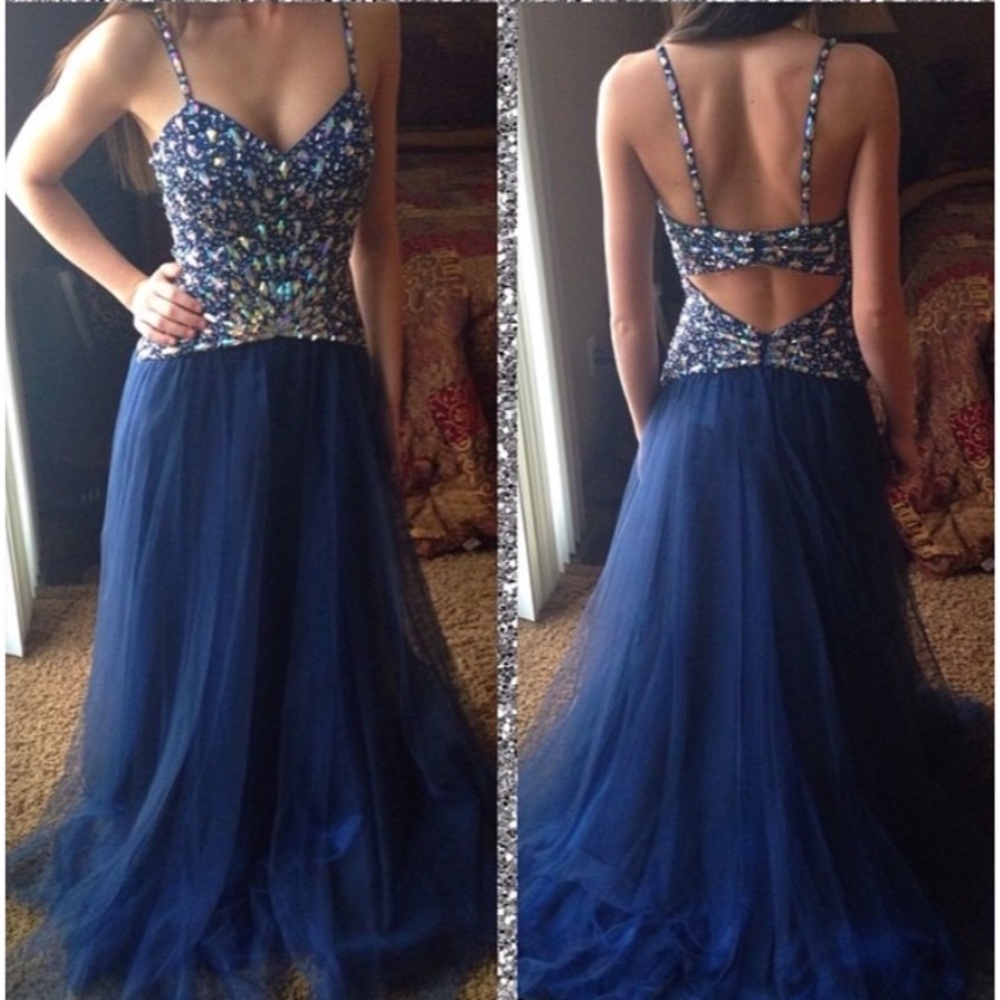 Navy blue ballgown prom dress